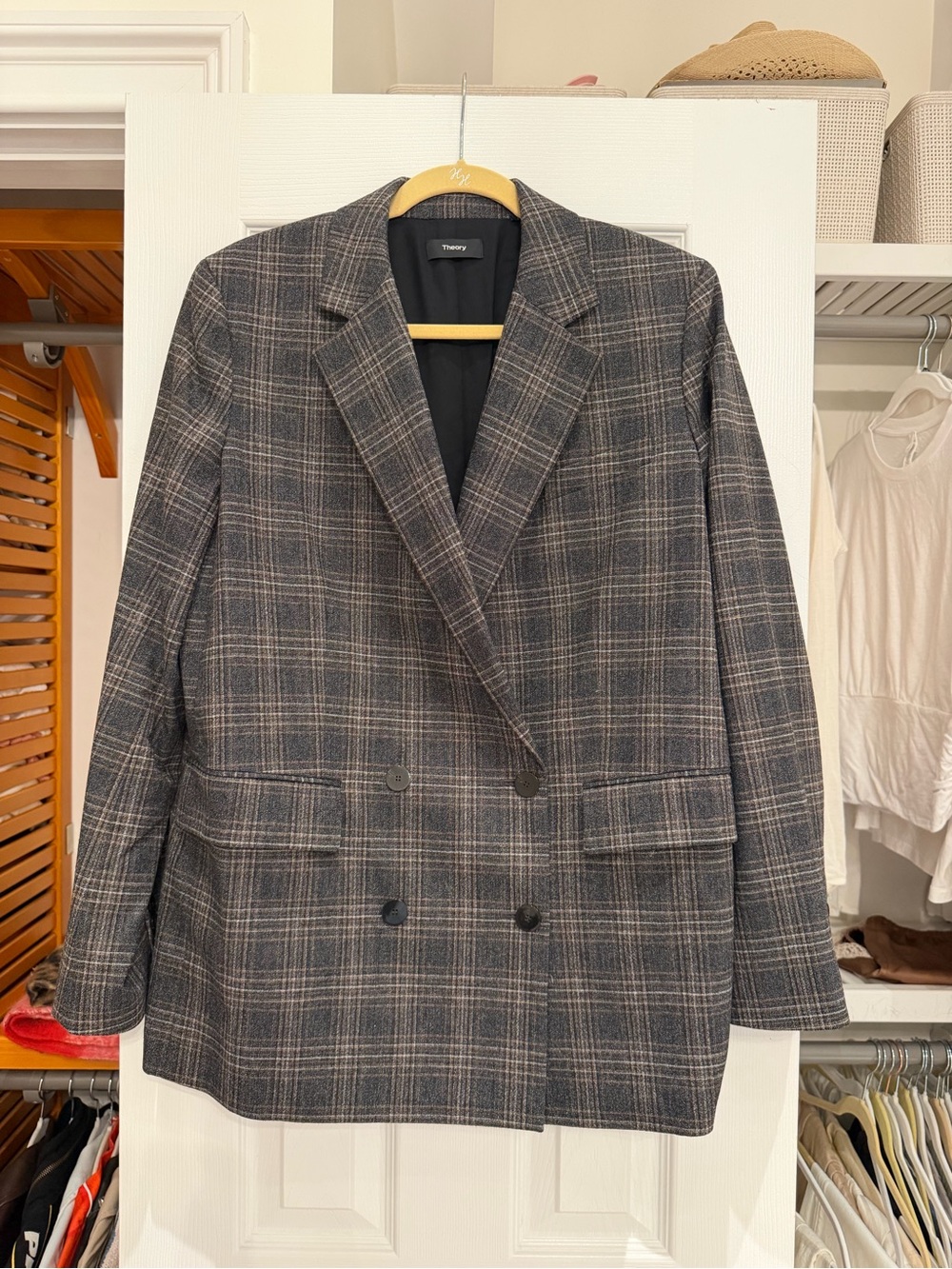 Theory women’s Double-Breasted Plaid Blazer - Gray/Brown